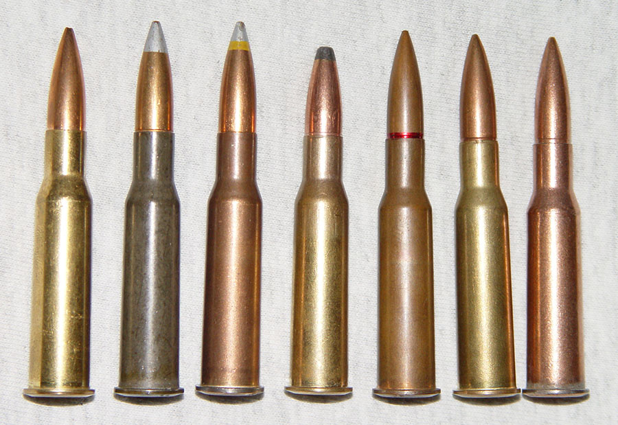 Современные патроны 7,62×54 мм с различными видами пуль